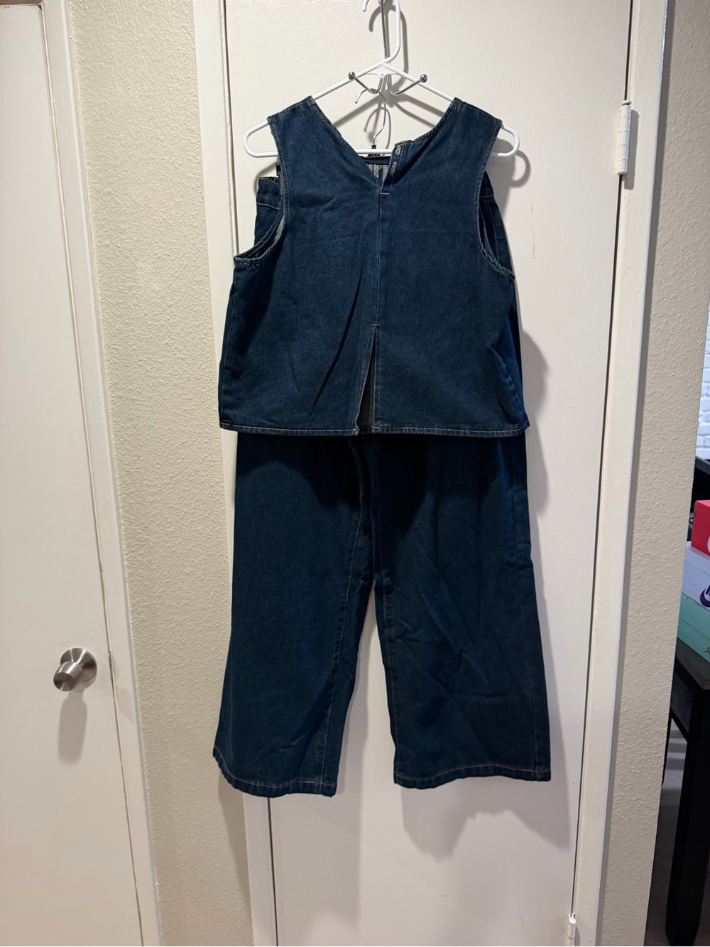 Denim Two-Piece Jumpsuit Set - Dark Blue
